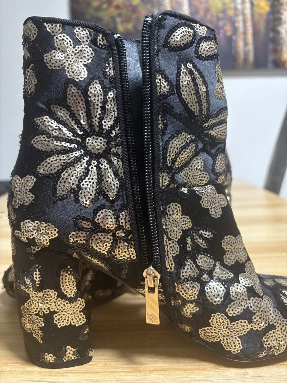 Nannette Black Ankle Boots with Gold Sequin Floral Embroidery